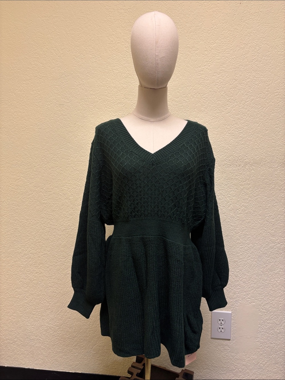 BloomChic Deep Green V-Neck Long Sleeve Knit Dress